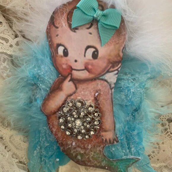KEWPIE MERMAID ORNAMENT*CUT TWO LAYERS*GERMAN GLITTER AND MICA*VINTAGE STYLE*WOW - Picture 4 of 4